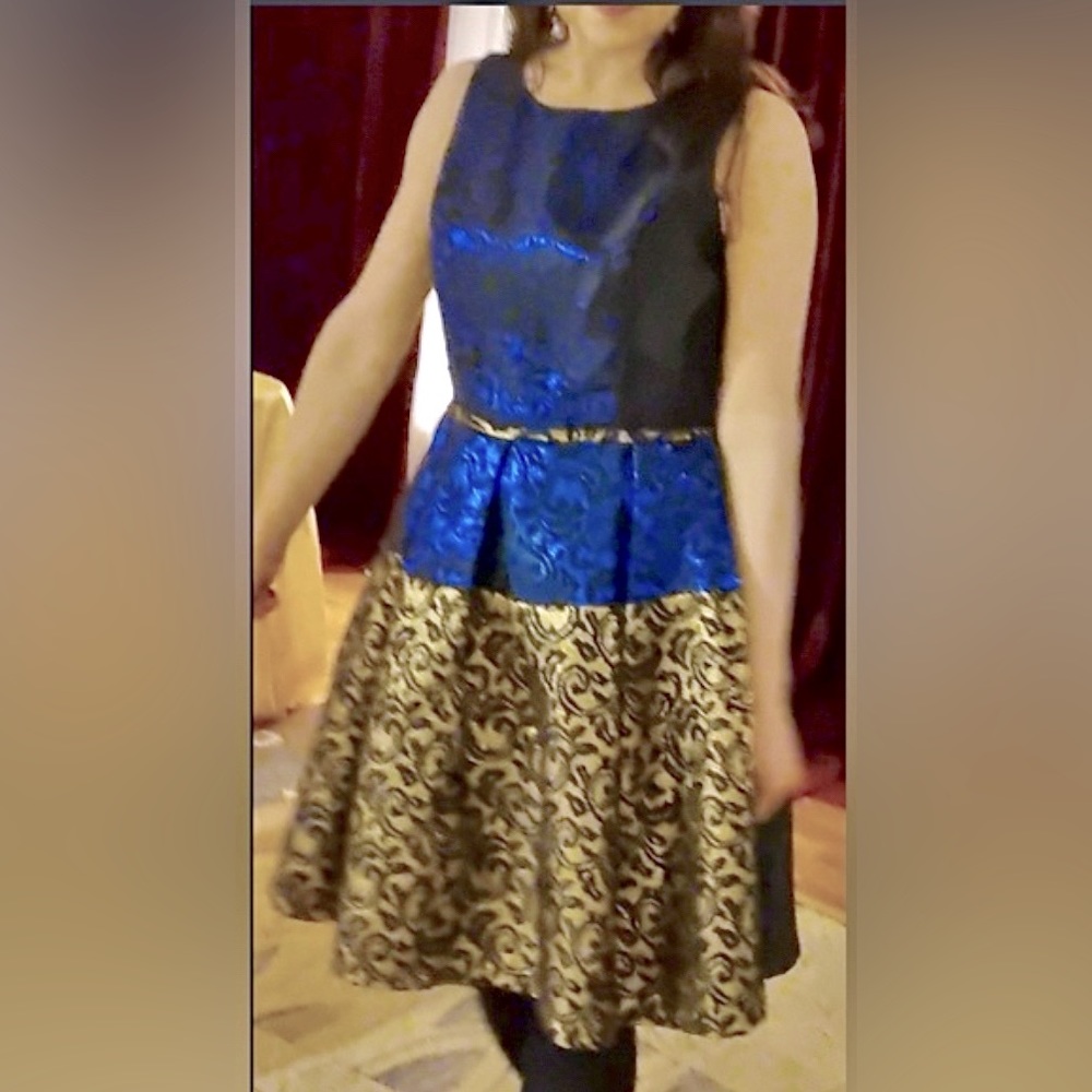 Rare Belle Badgley Mischka Damask Metallic Blue & Gold w Black Cocktail Dress